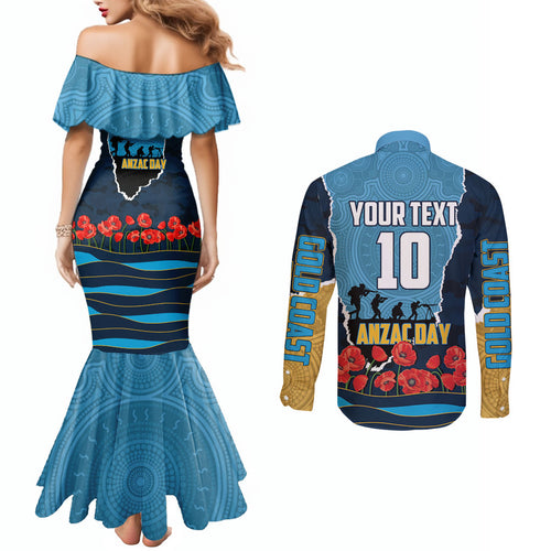Personalized Gold Coast Titans ANZAC Tribute Couples Matching Mermaid Dress and Long Sleeve Button Shirt Poppy Field Soldier Silhouette Aboriginal Rugby Mascot