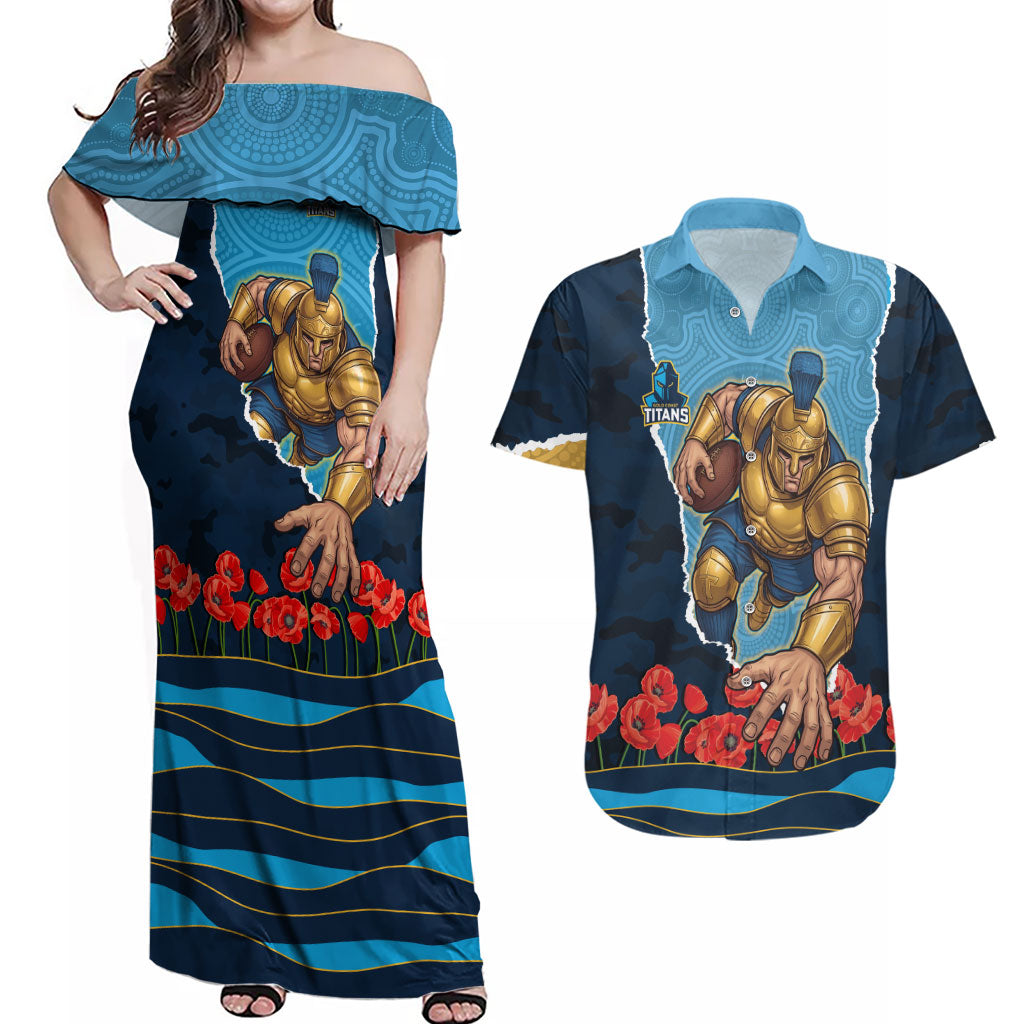 Personalized Gold Coast Titans ANZAC Tribute Couples Matching Off Shoulder Maxi Dress and Hawaiian Shirt Poppy Field Soldier Silhouette Aboriginal Rugby Mascot