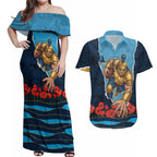 Personalized Gold Coast Titans ANZAC Tribute Couples Matching Off Shoulder Maxi Dress and Hawaiian Shirt Poppy Field Soldier Silhouette Aboriginal Rugby Mascot