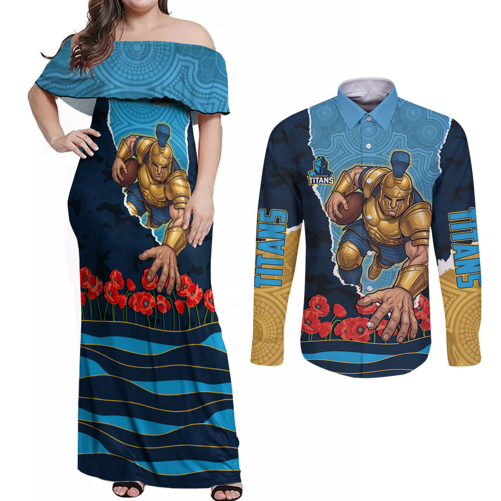 Personalized Gold Coast Titans ANZAC Tribute Couples Matching Off Shoulder Maxi Dress and Long Sleeve Button Shirt Poppy Field Soldier Silhouette Aboriginal Rugby Mascot