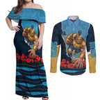 Personalized Gold Coast Titans ANZAC Tribute Couples Matching Off Shoulder Maxi Dress and Long Sleeve Button Shirt Poppy Field Soldier Silhouette Aboriginal Rugby Mascot