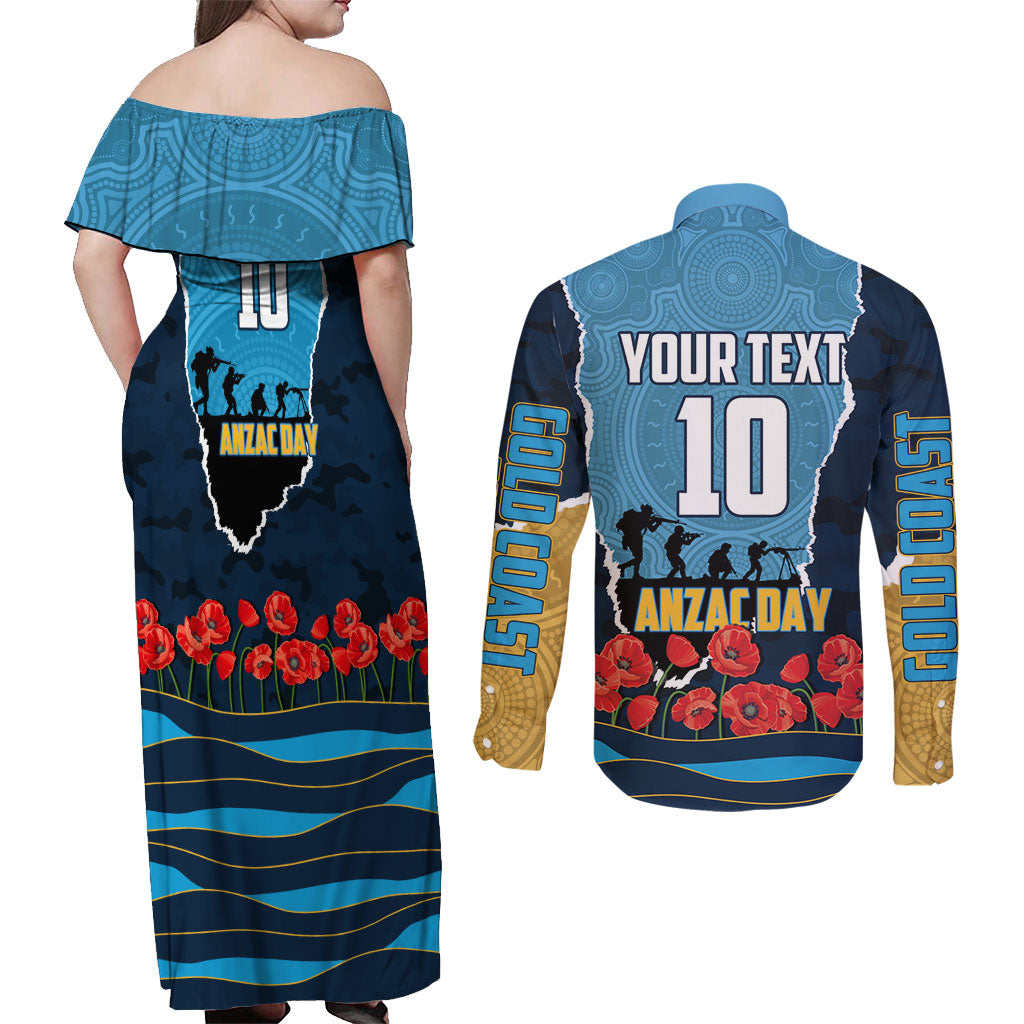 Personalized Gold Coast Titans ANZAC Tribute Couples Matching Off Shoulder Maxi Dress and Long Sleeve Button Shirt Poppy Field Soldier Silhouette Aboriginal Rugby Mascot