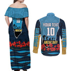 Personalized Gold Coast Titans ANZAC Tribute Couples Matching Off Shoulder Maxi Dress and Long Sleeve Button Shirt Poppy Field Soldier Silhouette Aboriginal Rugby Mascot