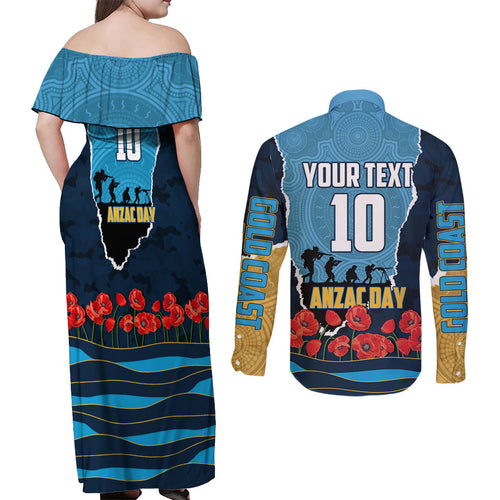 Personalized Gold Coast Titans ANZAC Tribute Couples Matching Off Shoulder Maxi Dress and Long Sleeve Button Shirt Poppy Field Soldier Silhouette Aboriginal Rugby Mascot