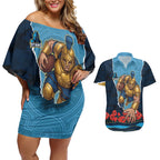 Personalized Gold Coast Titans ANZAC Tribute Couples Matching Off Shoulder Short Dress and Hawaiian Shirt Poppy Field Soldier Silhouette Aboriginal Rugby Mascot