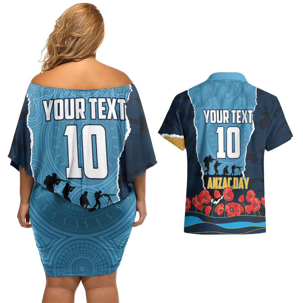 Personalized Gold Coast Titans ANZAC Tribute Couples Matching Off Shoulder Short Dress and Hawaiian Shirt Poppy Field Soldier Silhouette Aboriginal Rugby Mascot