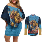 Personalized Gold Coast Titans ANZAC Tribute Couples Matching Off Shoulder Short Dress and Long Sleeve Button Shirt Poppy Field Soldier Silhouette Aboriginal Rugby Mascot