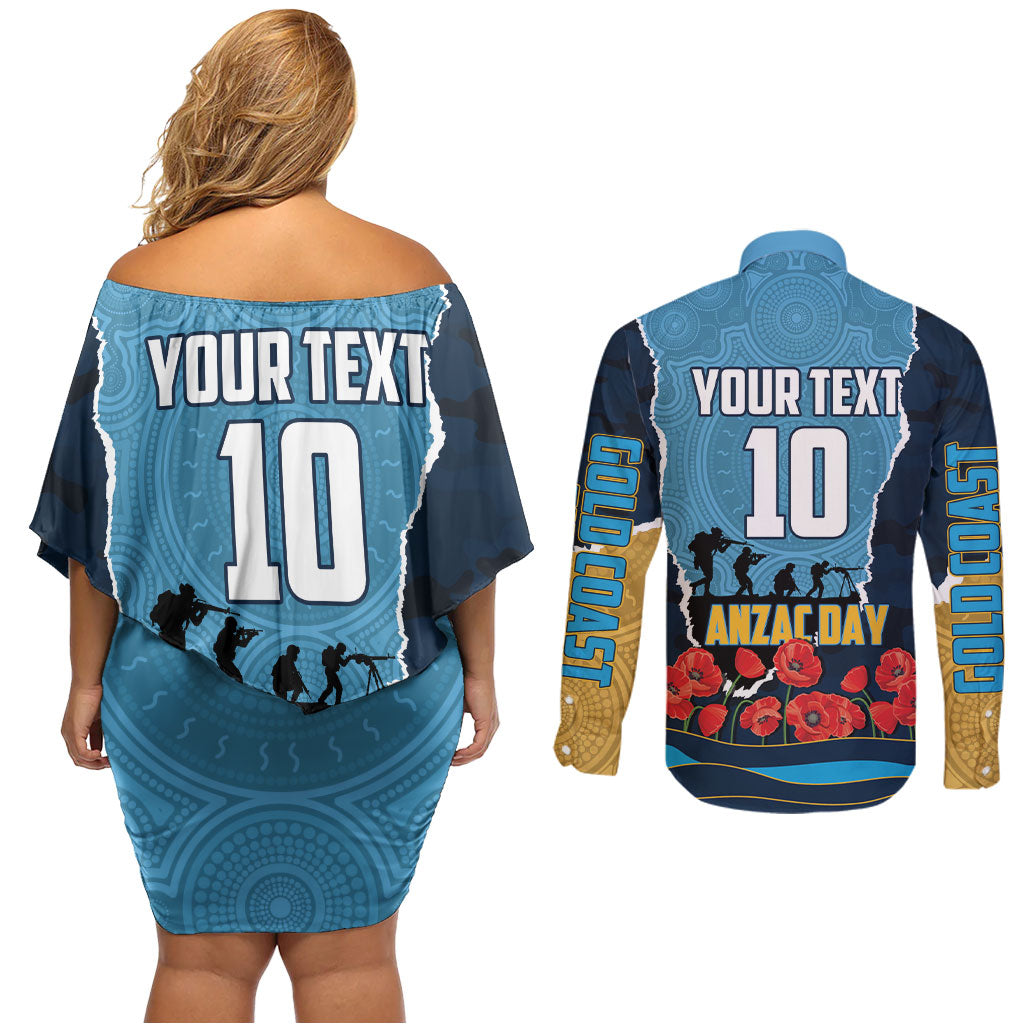 Personalized Gold Coast Titans ANZAC Tribute Couples Matching Off Shoulder Short Dress and Long Sleeve Button Shirt Poppy Field Soldier Silhouette Aboriginal Rugby Mascot