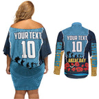 Personalized Gold Coast Titans ANZAC Tribute Couples Matching Off Shoulder Short Dress and Long Sleeve Button Shirt Poppy Field Soldier Silhouette Aboriginal Rugby Mascot