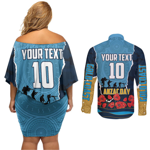 Personalized Gold Coast Titans ANZAC Tribute Couples Matching Off Shoulder Short Dress and Long Sleeve Button Shirt Poppy Field Soldier Silhouette Aboriginal Rugby Mascot