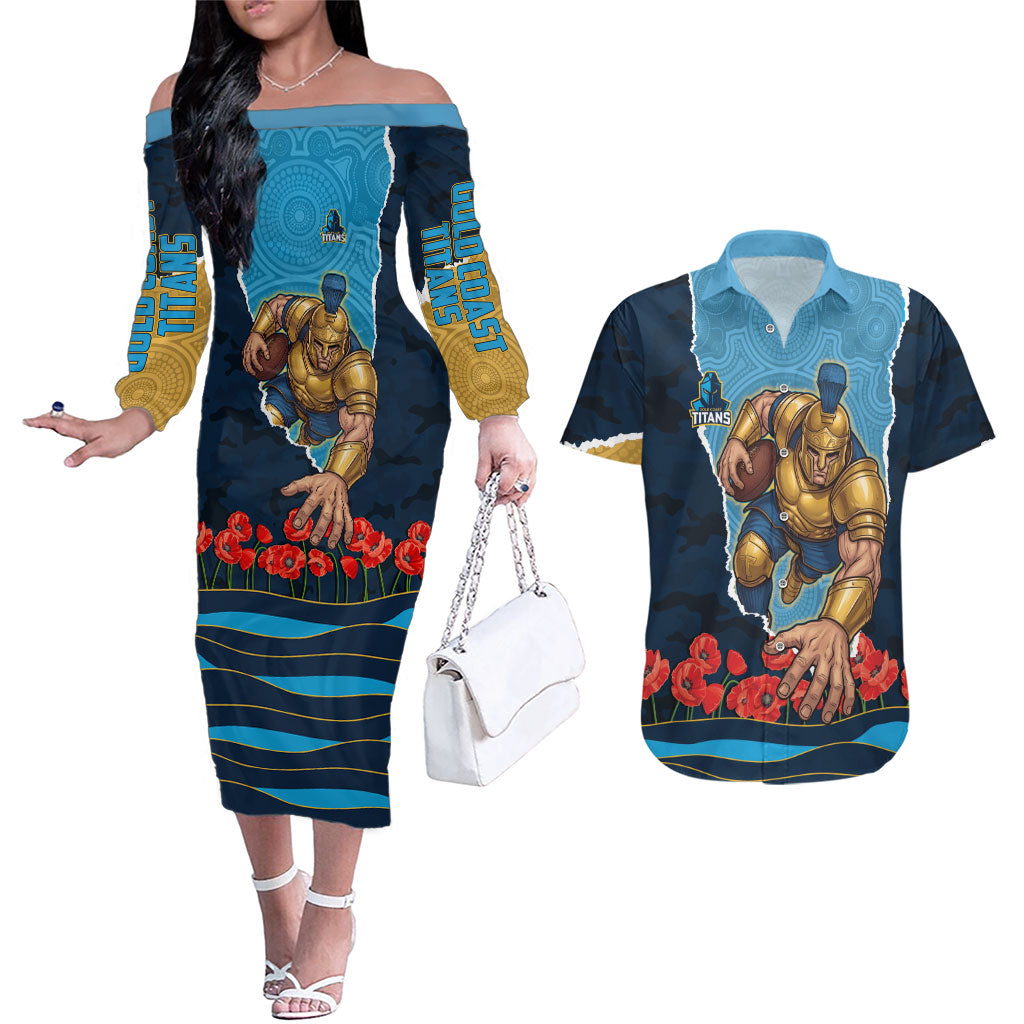 Personalized Gold Coast Titans ANZAC Tribute Couples Matching Off The Shoulder Long Sleeve Dress and Hawaiian Shirt Poppy Field Soldier Silhouette Aboriginal Rugby Mascot