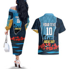 Personalized Gold Coast Titans ANZAC Tribute Couples Matching Off The Shoulder Long Sleeve Dress and Hawaiian Shirt Poppy Field Soldier Silhouette Aboriginal Rugby Mascot