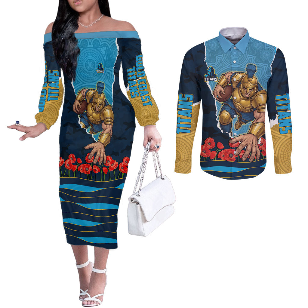 Personalized Gold Coast Titans ANZAC Tribute Couples Matching Off The Shoulder Long Sleeve Dress and Long Sleeve Button Shirt Poppy Field Soldier Silhouette Aboriginal Rugby Mascot
