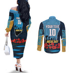 Personalized Gold Coast Titans ANZAC Tribute Couples Matching Off The Shoulder Long Sleeve Dress and Long Sleeve Button Shirt Poppy Field Soldier Silhouette Aboriginal Rugby Mascot