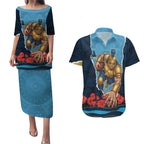 Personalized Gold Coast Titans ANZAC Tribute Couples Matching Puletasi and Hawaiian Shirt Poppy Field Soldier Silhouette Aboriginal Rugby Mascot