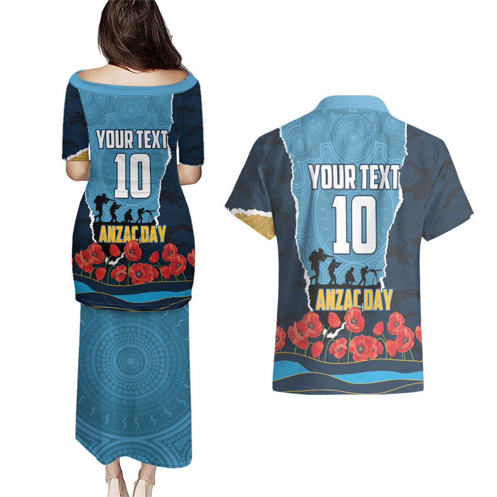 Personalized Gold Coast Titans ANZAC Tribute Couples Matching Puletasi and Hawaiian Shirt Poppy Field Soldier Silhouette Aboriginal Rugby Mascot