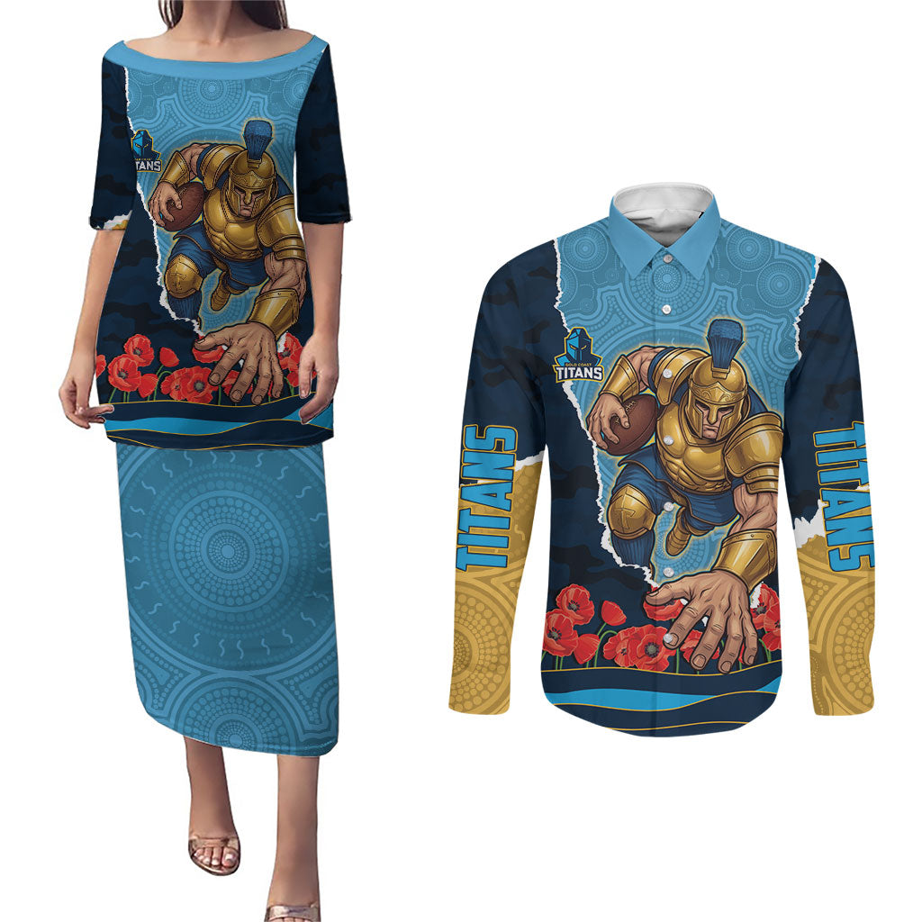 Personalized Gold Coast Titans ANZAC Tribute Couples Matching Puletasi and Long Sleeve Button Shirt Poppy Field Soldier Silhouette Aboriginal Rugby Mascot