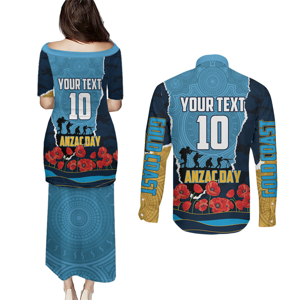 Personalized Gold Coast Titans ANZAC Tribute Couples Matching Puletasi and Long Sleeve Button Shirt Poppy Field Soldier Silhouette Aboriginal Rugby Mascot