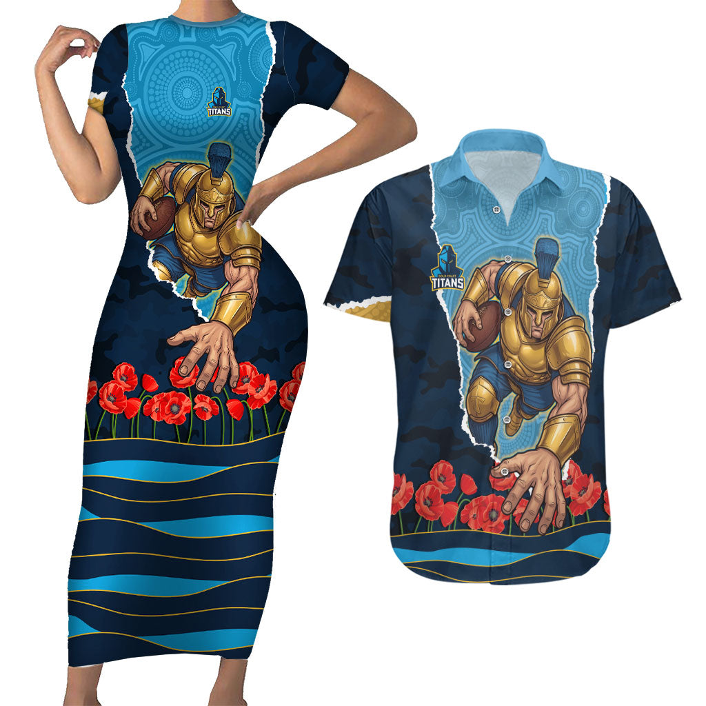 Personalized Gold Coast Titans ANZAC Tribute Couples Matching Short Sleeve Bodycon Dress and Hawaiian Shirt Poppy Field Soldier Silhouette Aboriginal Rugby Mascot
