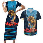 Personalized Gold Coast Titans ANZAC Tribute Couples Matching Short Sleeve Bodycon Dress and Hawaiian Shirt Poppy Field Soldier Silhouette Aboriginal Rugby Mascot