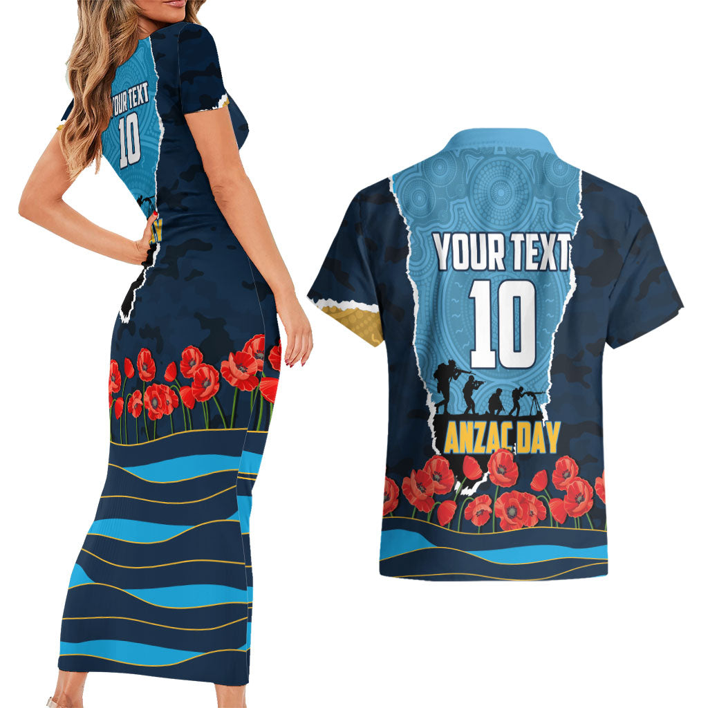 Personalized Gold Coast Titans ANZAC Tribute Couples Matching Short Sleeve Bodycon Dress and Hawaiian Shirt Poppy Field Soldier Silhouette Aboriginal Rugby Mascot