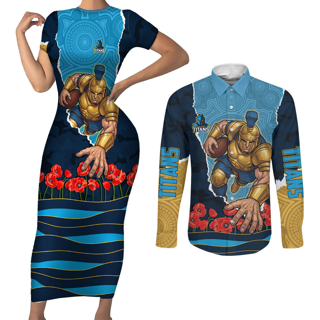 Personalized Gold Coast Titans ANZAC Tribute Couples Matching Short Sleeve Bodycon Dress and Long Sleeve Button Shirt Poppy Field Soldier Silhouette Aboriginal Rugby Mascot