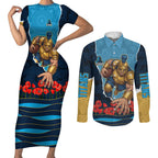 Personalized Gold Coast Titans ANZAC Tribute Couples Matching Short Sleeve Bodycon Dress and Long Sleeve Button Shirt Poppy Field Soldier Silhouette Aboriginal Rugby Mascot