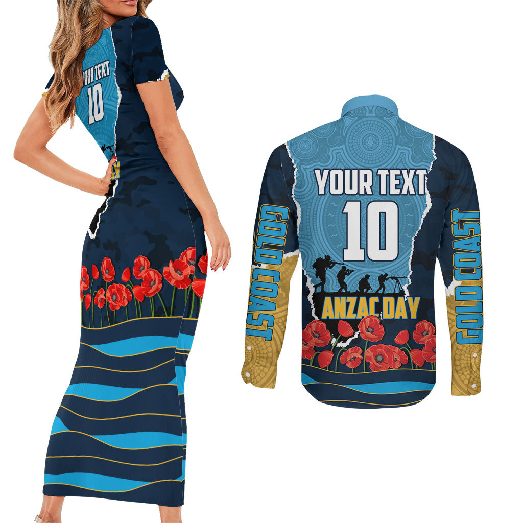 Personalized Gold Coast Titans ANZAC Tribute Couples Matching Short Sleeve Bodycon Dress and Long Sleeve Button Shirt Poppy Field Soldier Silhouette Aboriginal Rugby Mascot