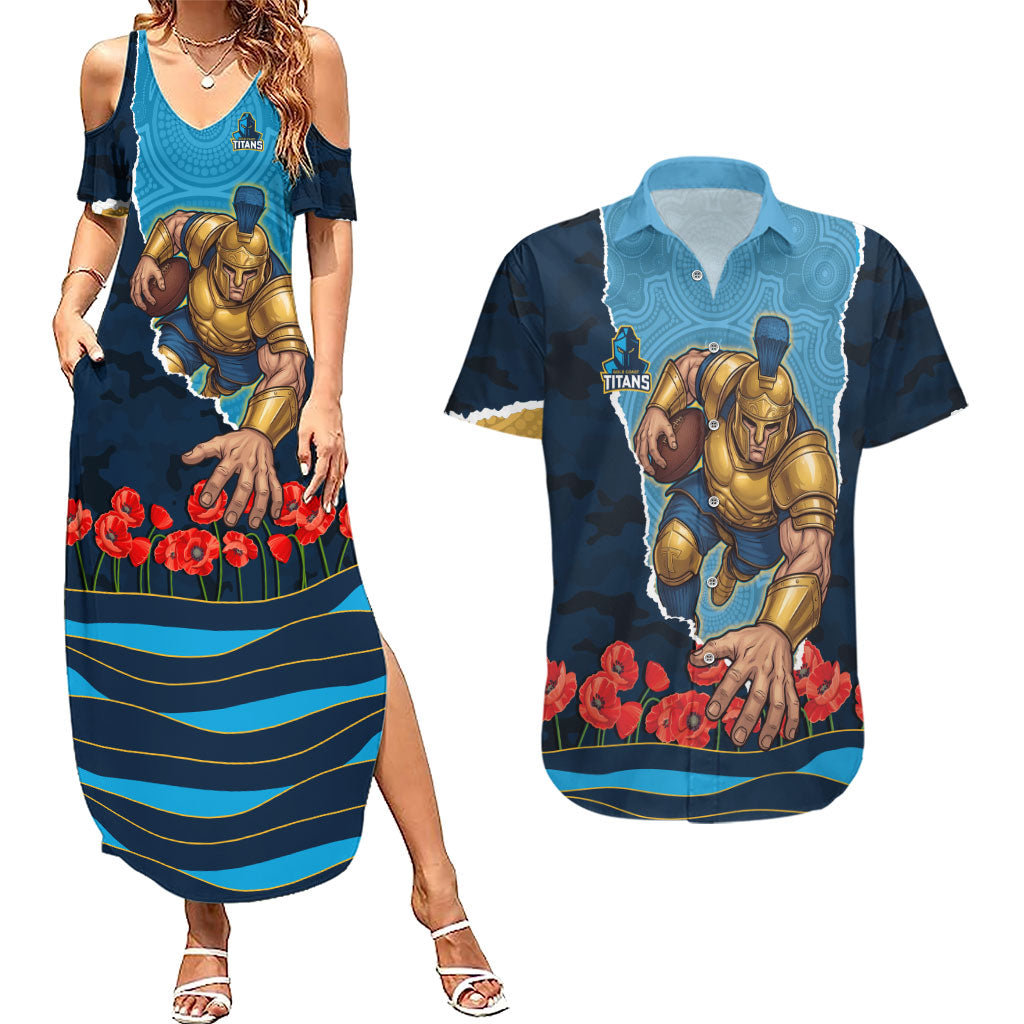 Personalized Gold Coast Titans ANZAC Tribute Couples Matching Summer Maxi Dress and Hawaiian Shirt Poppy Field Soldier Silhouette Aboriginal Rugby Mascot