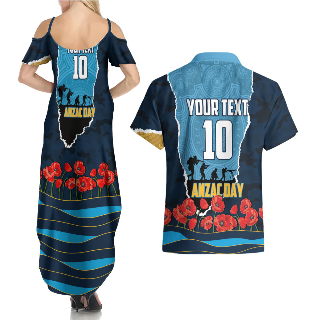 Personalized Gold Coast Titans ANZAC Tribute Couples Matching Summer Maxi Dress and Hawaiian Shirt Poppy Field Soldier Silhouette Aboriginal Rugby Mascot