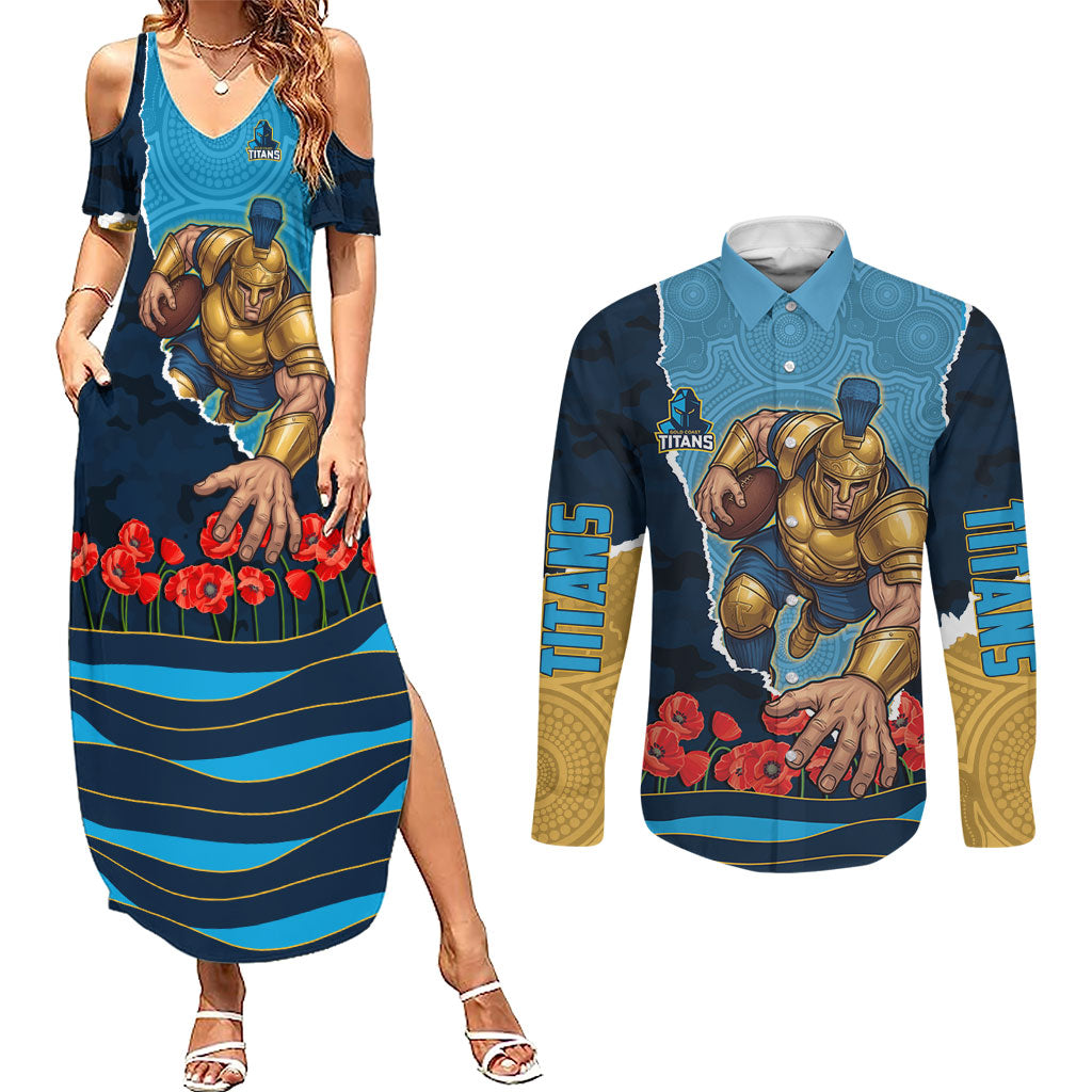 Personalized Gold Coast Titans ANZAC Tribute Couples Matching Summer Maxi Dress and Long Sleeve Button Shirt Poppy Field Soldier Silhouette Aboriginal Rugby Mascot