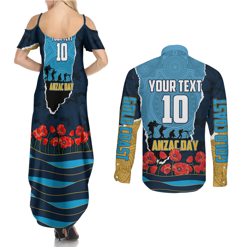 Personalized Gold Coast Titans ANZAC Tribute Couples Matching Summer Maxi Dress and Long Sleeve Button Shirt Poppy Field Soldier Silhouette Aboriginal Rugby Mascot