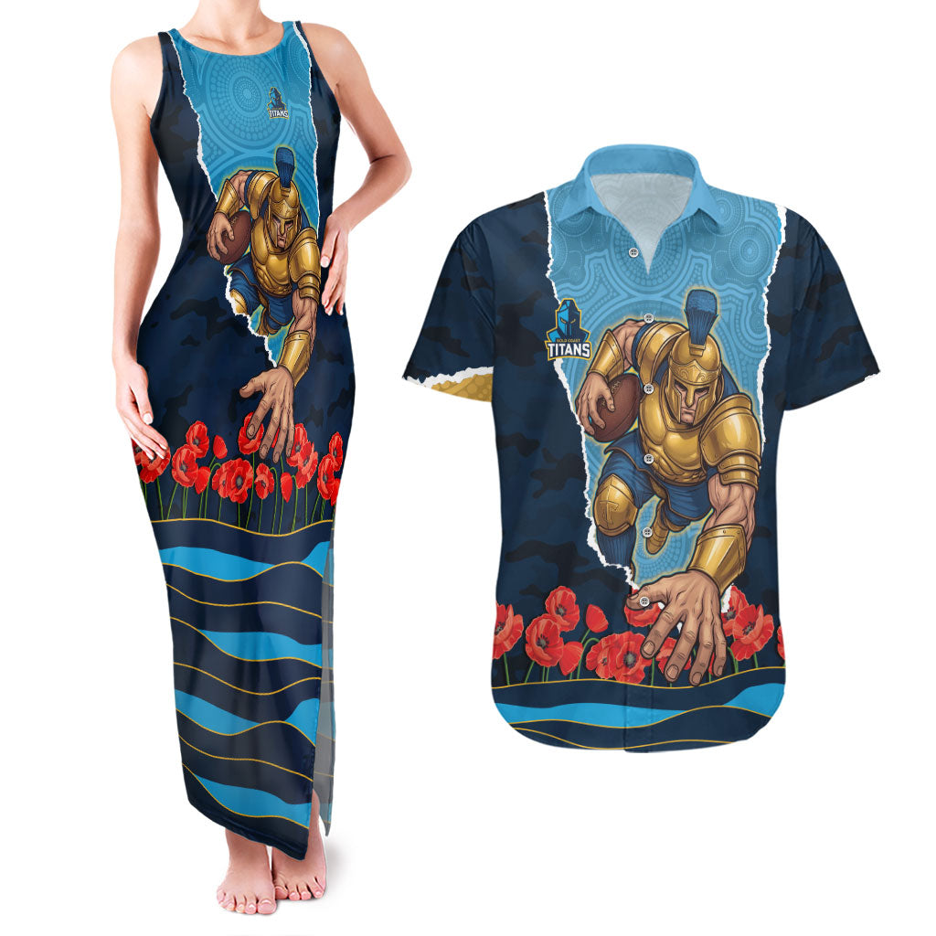 Personalized Gold Coast Titans ANZAC Tribute Couples Matching Tank Maxi Dress and Hawaiian Shirt Poppy Field Soldier Silhouette Aboriginal Rugby Mascot