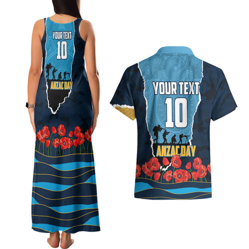 Personalized Gold Coast Titans ANZAC Tribute Couples Matching Tank Maxi Dress and Hawaiian Shirt Poppy Field Soldier Silhouette Aboriginal Rugby Mascot