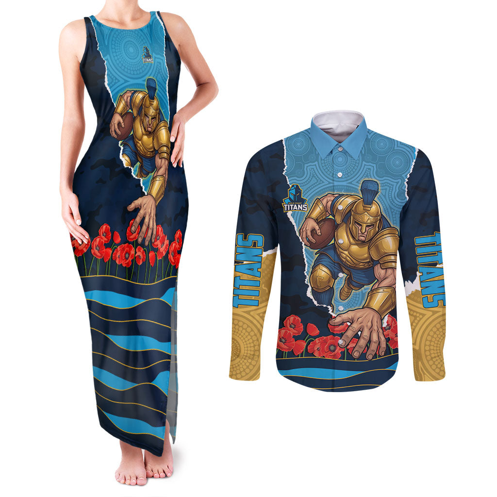 Personalized Gold Coast Titans ANZAC Tribute Couples Matching Tank Maxi Dress and Long Sleeve Button Shirt Poppy Field Soldier Silhouette Aboriginal Rugby Mascot