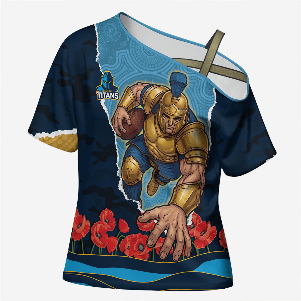 Personalized Gold Coast Titans ANZAC Tribute Cross Shoulder Shirt Poppy Field Soldier Silhouette Aboriginal Rugby Mascot