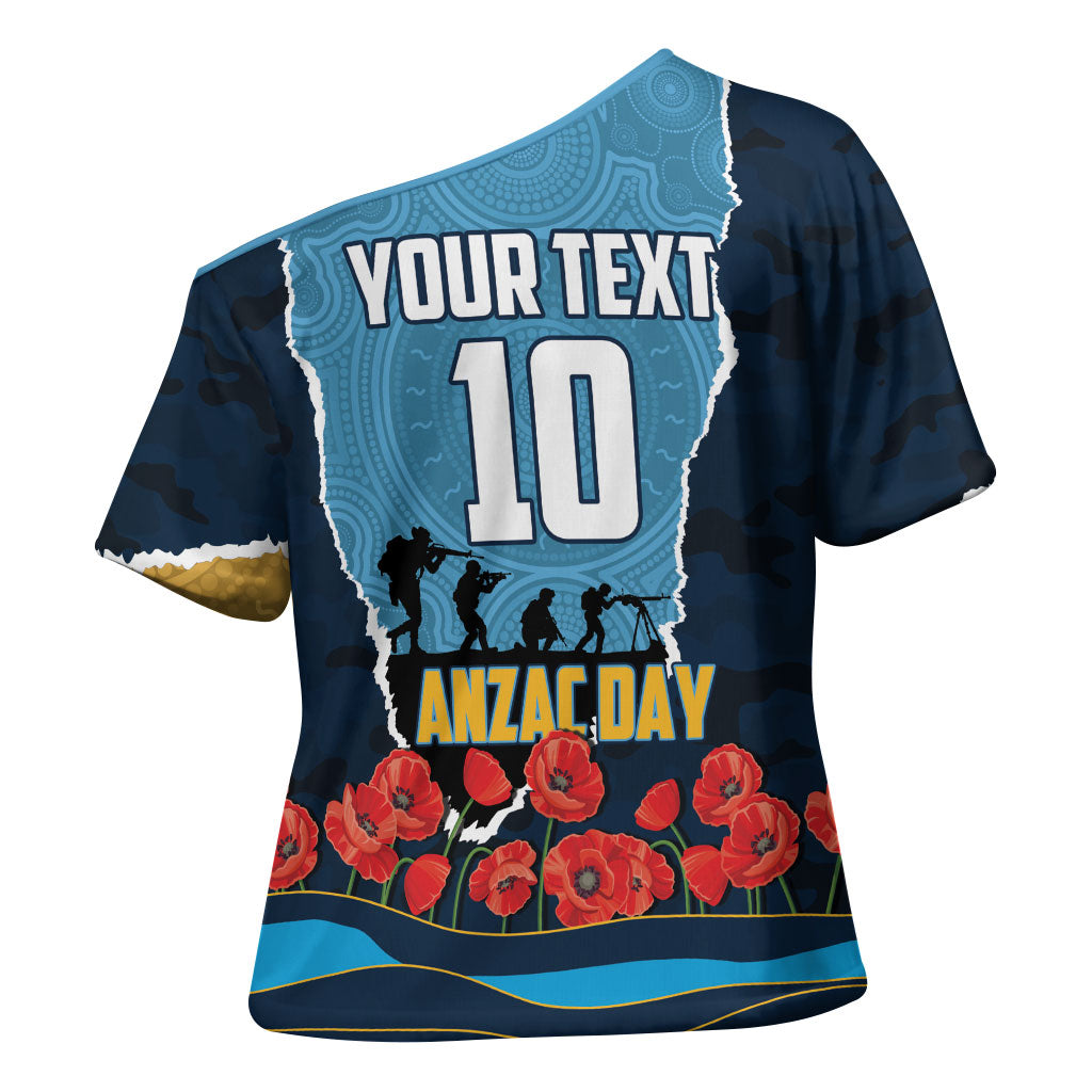 Personalized Gold Coast Titans ANZAC Tribute Cross Shoulder Shirt Poppy Field Soldier Silhouette Aboriginal Rugby Mascot