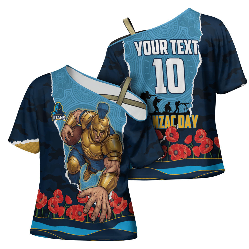 Personalized Gold Coast Titans ANZAC Tribute Cross Shoulder Shirt Poppy Field Soldier Silhouette Aboriginal Rugby Mascot