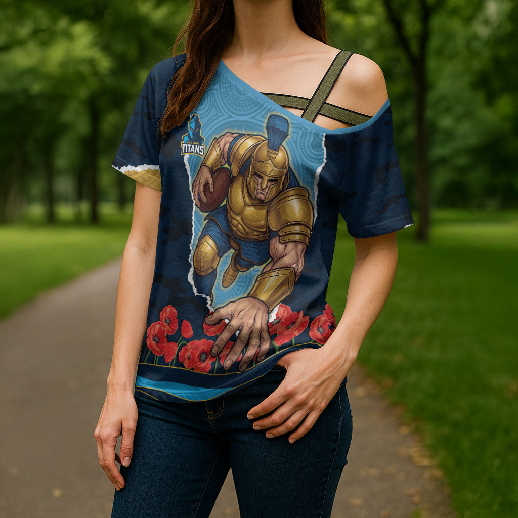Personalized Gold Coast Titans ANZAC Tribute Cross Shoulder Shirt Poppy Field Soldier Silhouette Aboriginal Rugby Mascot