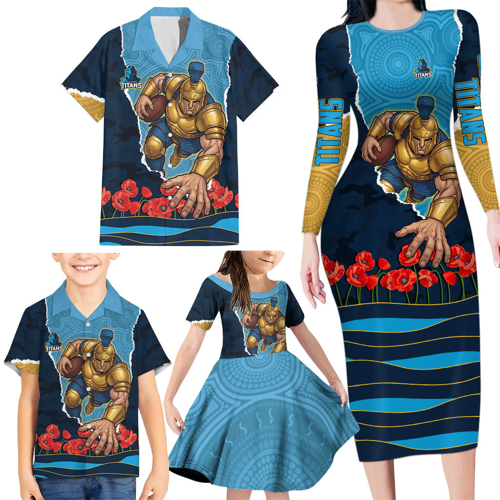 Personalized Gold Coast Titans ANZAC Tribute Family Matching Long Sleeve Bodycon Dress and Hawaiian Shirt Poppy Field Soldier Silhouette Aboriginal Rugby Mascot