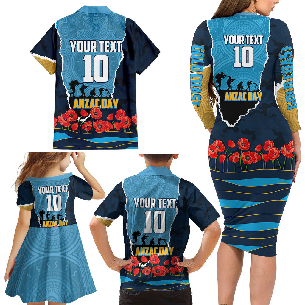 Personalized Gold Coast Titans ANZAC Tribute Family Matching Long Sleeve Bodycon Dress and Hawaiian Shirt Poppy Field Soldier Silhouette Aboriginal Rugby Mascot