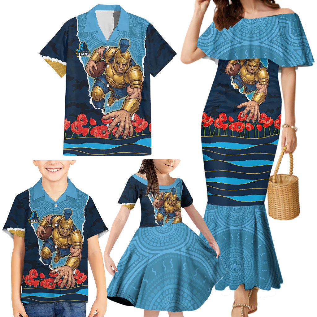 Personalized Gold Coast Titans ANZAC Tribute Family Matching Mermaid Dress and Hawaiian Shirt Poppy Field Soldier Silhouette Aboriginal Rugby Mascot