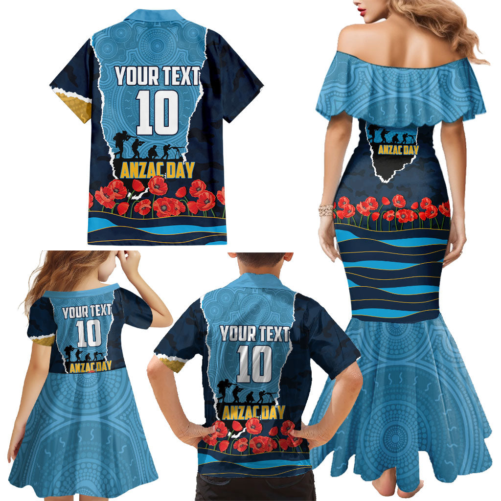 Personalized Gold Coast Titans ANZAC Tribute Family Matching Mermaid Dress and Hawaiian Shirt Poppy Field Soldier Silhouette Aboriginal Rugby Mascot