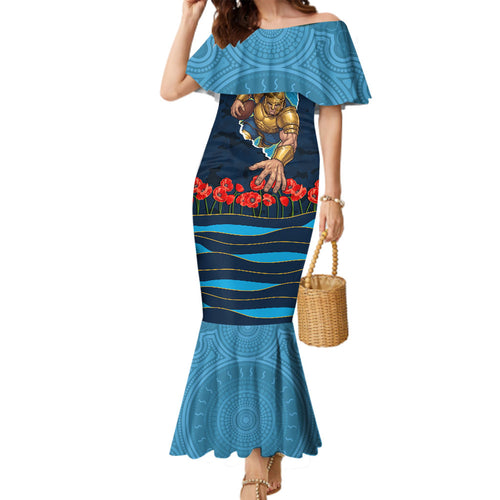 Personalized Gold Coast Titans ANZAC Tribute Family Matching Mermaid Dress and Hawaiian Shirt Poppy Field Soldier Silhouette Aboriginal Rugby Mascot