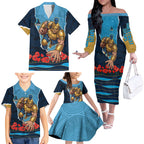 Personalized Gold Coast Titans ANZAC Tribute Family Matching Off The Shoulder Long Sleeve Dress and Hawaiian Shirt Poppy Field Soldier Silhouette Aboriginal Rugby Mascot