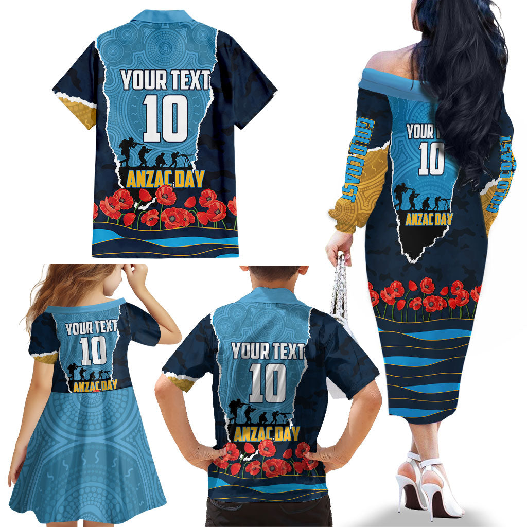 Personalized Gold Coast Titans ANZAC Tribute Family Matching Off The Shoulder Long Sleeve Dress and Hawaiian Shirt Poppy Field Soldier Silhouette Aboriginal Rugby Mascot