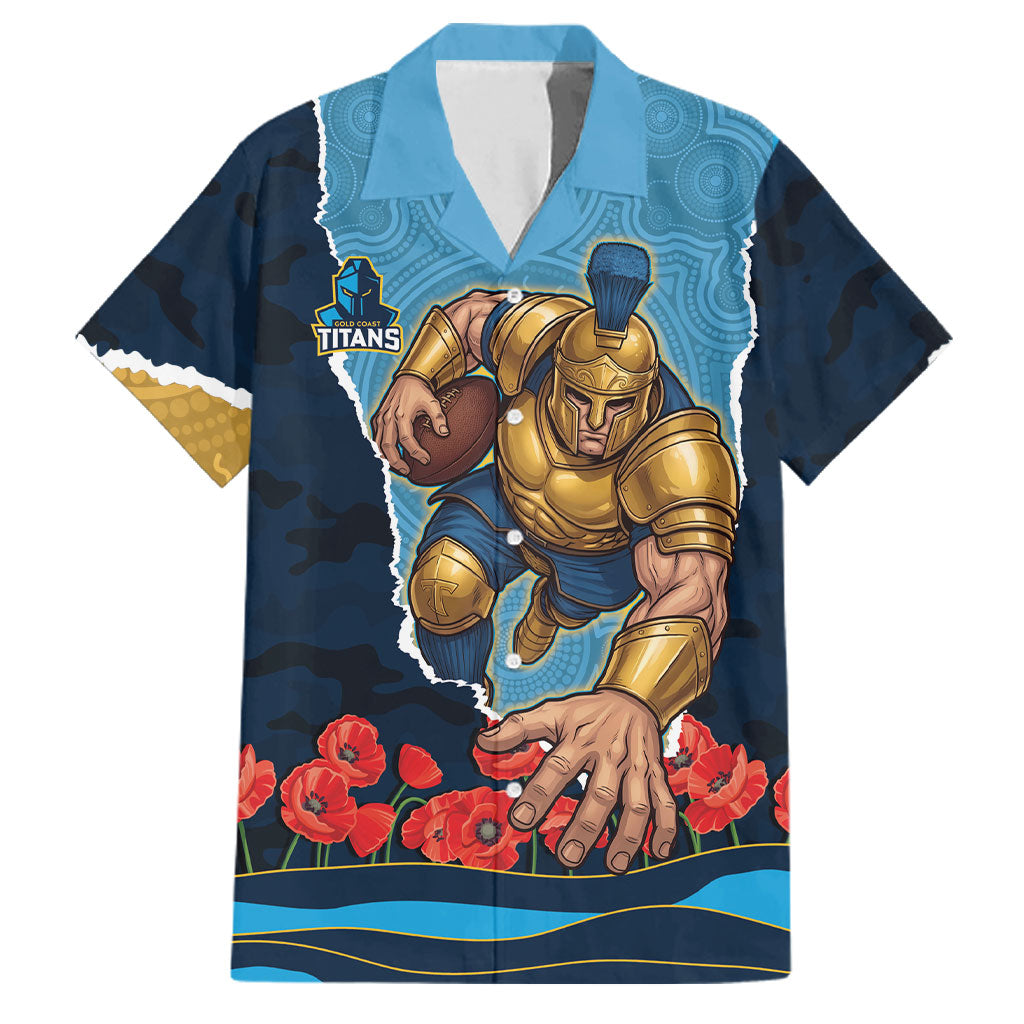 Personalized Gold Coast Titans ANZAC Tribute Family Matching Off The Shoulder Long Sleeve Dress and Hawaiian Shirt Poppy Field Soldier Silhouette Aboriginal Rugby Mascot