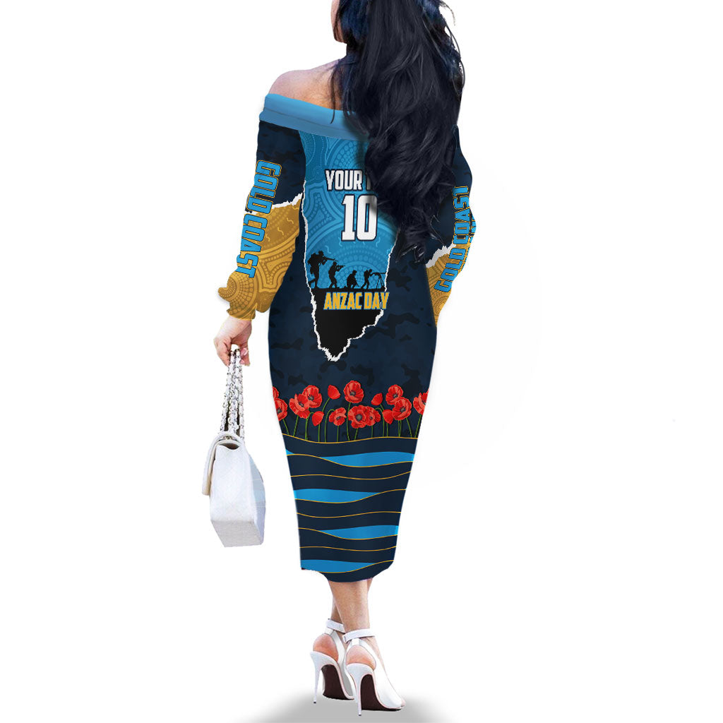 Personalized Gold Coast Titans ANZAC Tribute Family Matching Off The Shoulder Long Sleeve Dress and Hawaiian Shirt Poppy Field Soldier Silhouette Aboriginal Rugby Mascot