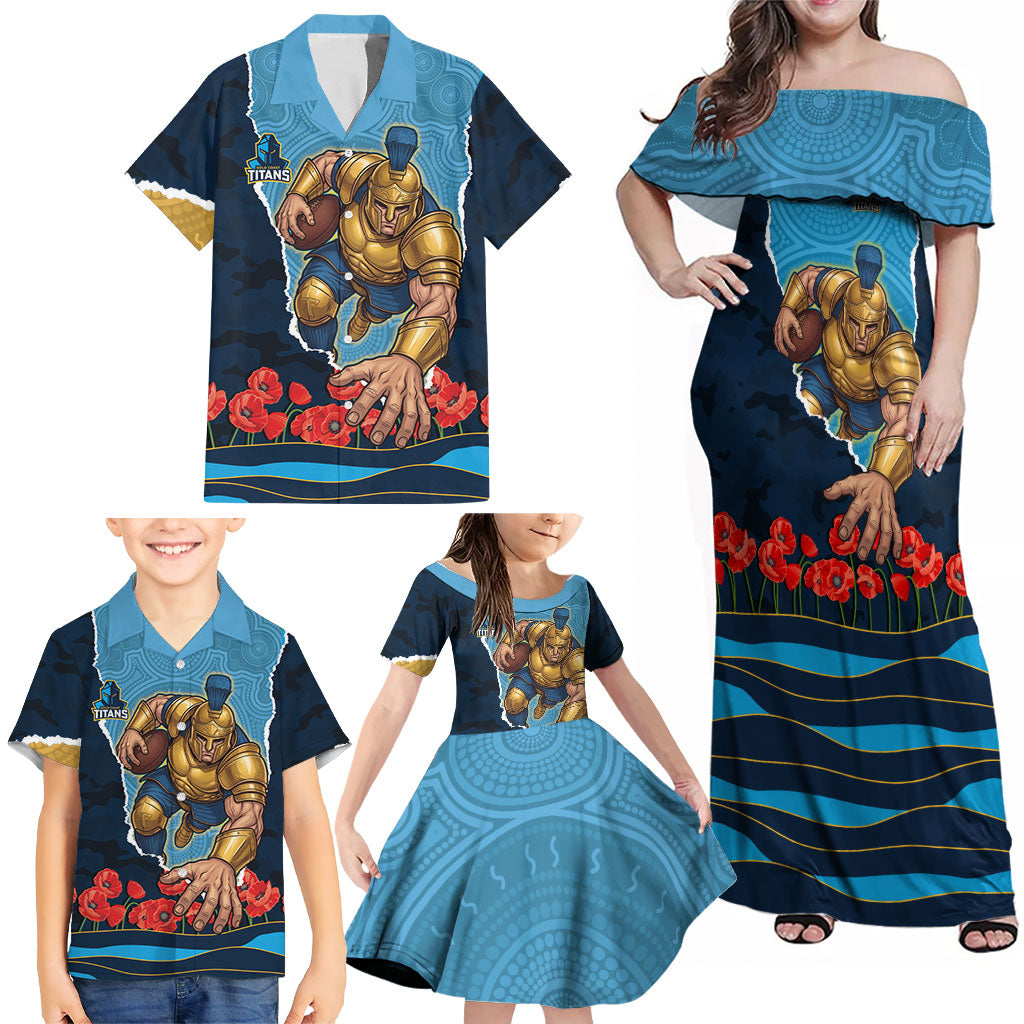 Personalized Gold Coast Titans ANZAC Tribute Family Matching Off Shoulder Maxi Dress and Hawaiian Shirt Poppy Field Soldier Silhouette Aboriginal Rugby Mascot