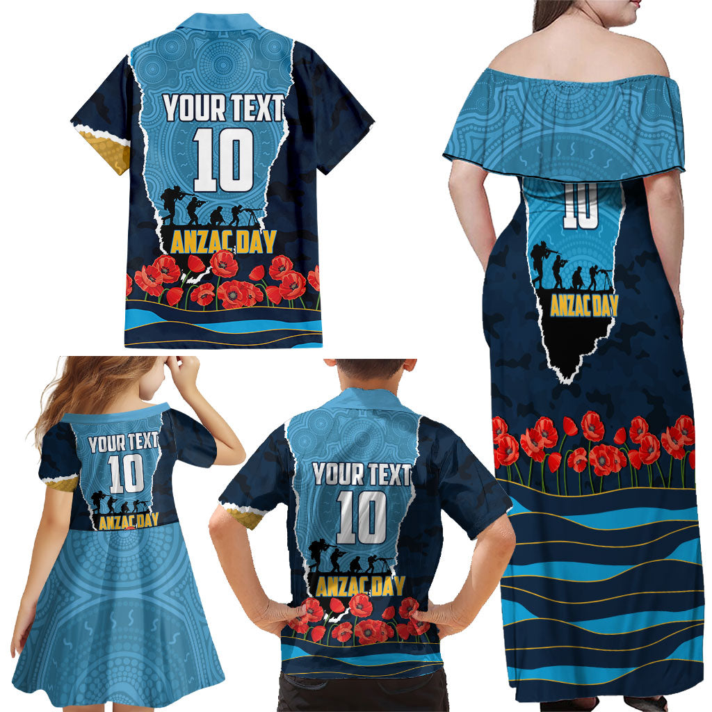 Personalized Gold Coast Titans ANZAC Tribute Family Matching Off Shoulder Maxi Dress and Hawaiian Shirt Poppy Field Soldier Silhouette Aboriginal Rugby Mascot